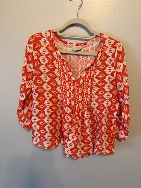 Vanessa Virginia Anthropologie Bright Coral Patterned V-Neck Blouse